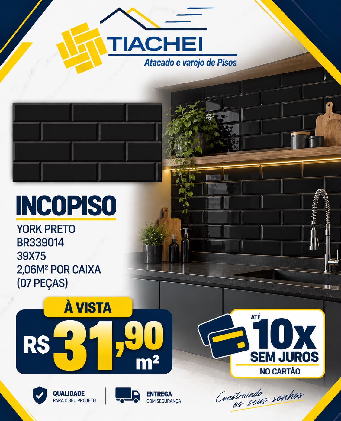 Incopiso York Preto 39x75 — R$ 31,90/m²
